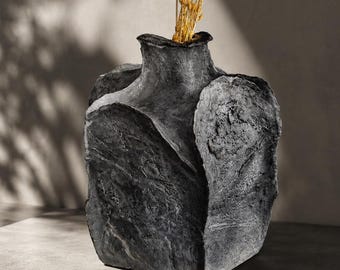 Brutalist Ceramic Sculpture | Matte Black Vase, Textured Sculptural Art Object, Handmade Anthracite Vessel