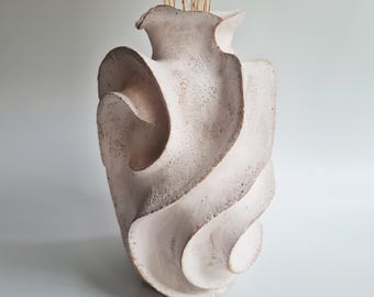 White Ceramic Wabi Sabi Vase | Sculptural Spiral Vase, Handmade Statement Collectible Art