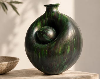 Dark Green Ceramic Vase | Organic Modern Art, Metallic Green Sculptural Object