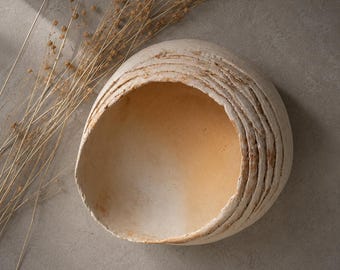 Cream Japandi Bowl | Textured Carved Pottery, Organic Ceramic Sculpture, Handmade Wabi Sabi Pottery