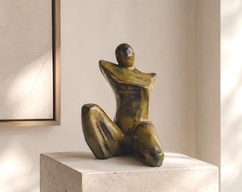 Abstract Woman Sculpture | Olive Green Ceramic Sculpture, Female Form Art Object