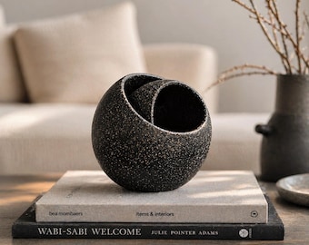 Handmade Black Ceramic Sculpture | Brutalist Sculpture, Organic Geometric Form, Japandi Decor