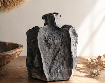 Brutalist Ceramic Sculpture | Matte Black Vase, Textured Sculptural Art Object, Handmade Anthracite Vessel