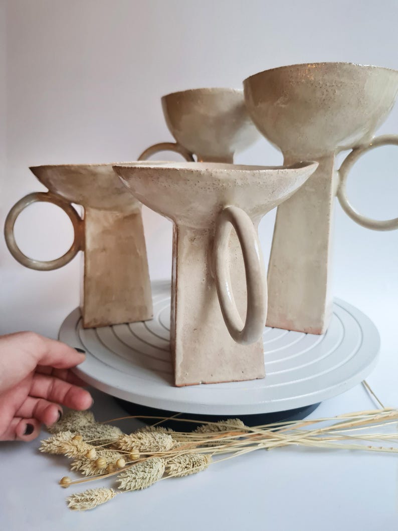 Escultura geométrica minimalista / Cuenco de cerámica hecho a mano, cerámica Wabi Sabi beige, decoración Japandi imagen 4