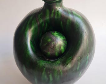 Dark Green Ceramic Vase | Organic Modern Art, Metallic Green Sculptural Object