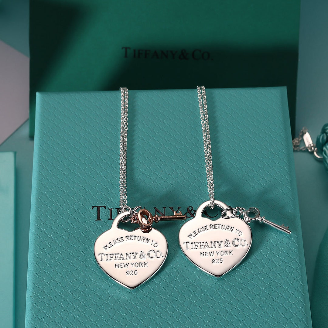 TIFFANY & CO Heart and Key Necklace, Silver Heart Pendant, Heart Tag