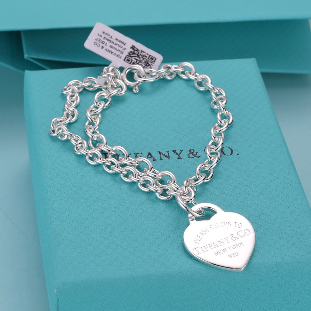 Tiffanys and Co Jewelry, Sterling Silver Heart Tag Charm Double Chain