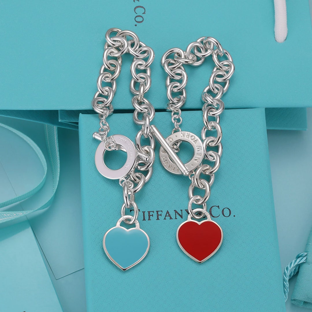 Tiffany's Bracele, Enamel Heart Charm Bracelet, Dainty Bracelet