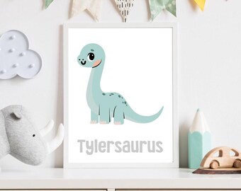 May include: A light blue dinosaur with a long neck and a cute face. The dinosaur is on a white background with the text "Tylersaurus" printed below it.
