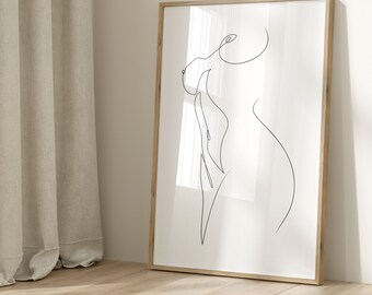 Corps de femme nue, ligne minimaliste, oeuvre d&#39;art murale femme, décoration d&#39;intérieur, dessin au trait, dessin au trait figure nue, impression d&#39;art au trait.