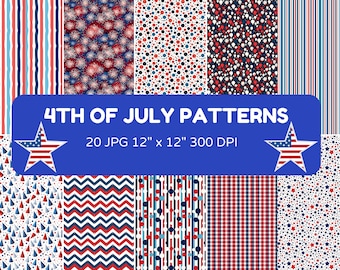 May include: 20 digital paper patterns in JPG format, each measuring 12 inches by 12 inches at 300 DPI. The patterns feature a variety of red, white, and blue designs, including stripes, polka dots, stars, and fireworks. The text "4th of July Patterns" is displayed in a blue banner.
