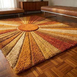 May include: A rectangular area rug featuring a high-pile, tufted texture with a sunburst pattern. The design consists of a central circular orange core with radiating rays in alternating shades of cream, yellow, gold, orange, and brown.
