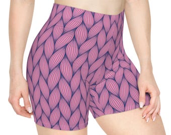 Pink Blue Leaf Biker Yoga High Waist Workout Activewear
