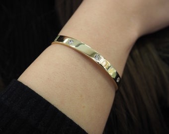 14k Gold Bangle Bracelet, 0.8 ct Dimond - 6mm Wide Bracelet, Stacking Bracelet, Cuff Bracelet, Jewelry Gift, Gifts For Her, 14k Gold Jewelry