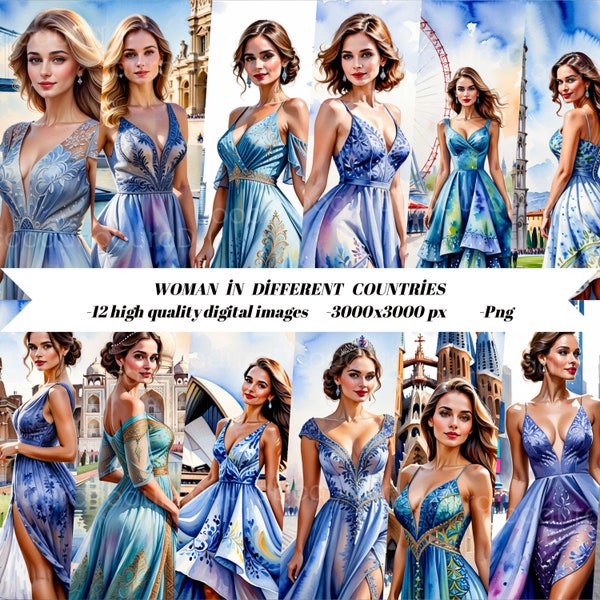 12 Woman PNG Digital Download for Sublimation,Beautiful Woman,Watercolor Woman Aİ İmages,Eiffel Tower, Pisa Tower, Louver Museum,Countries