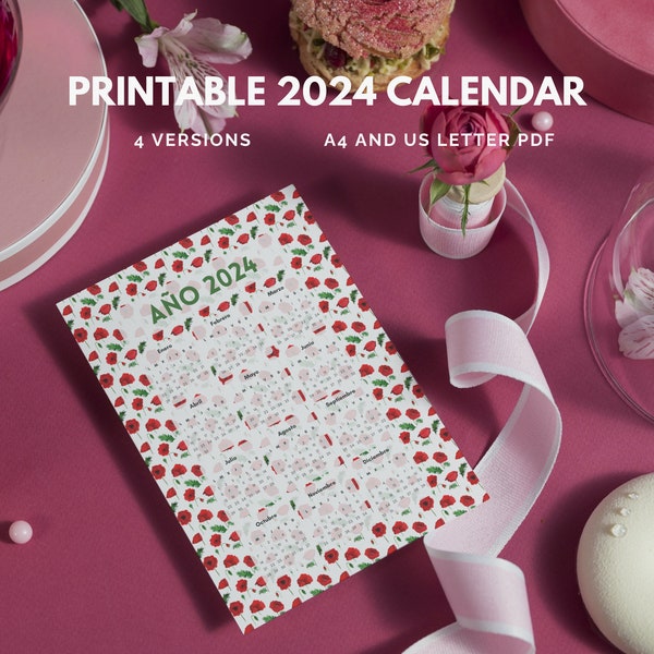 2024 Printable Wall Calendar | 2024 one page calendar in Spanish | A4 & US Letter Sizes | Instant Download |  Calendar Planner Monday Start