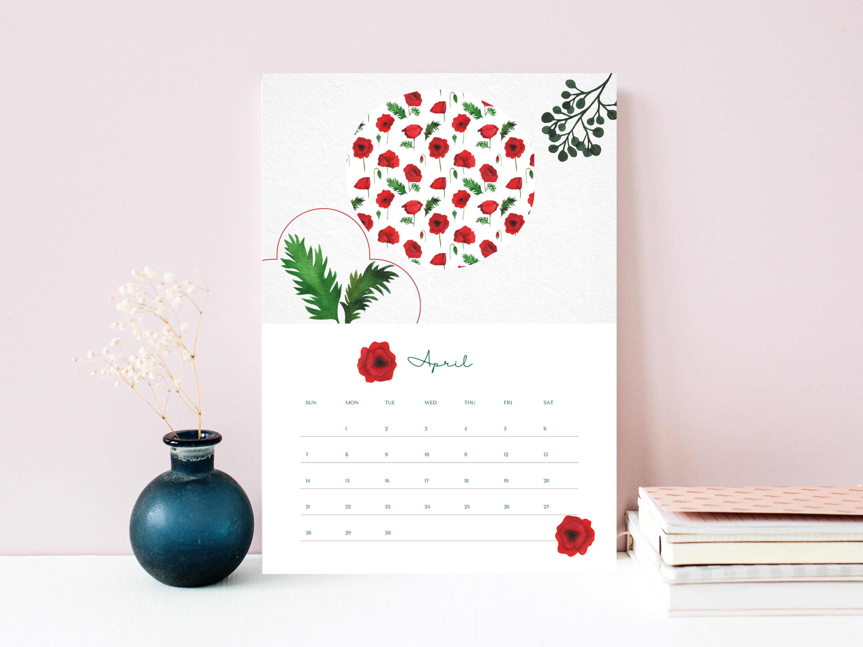 2024 Printable Wall Calendar 2024 English Month Calendar Floral