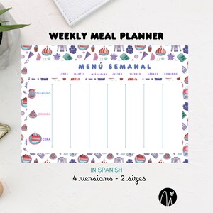 Peut inclure: Un planificateur de repas hebdomadaire blanc avec une bordure colorée avec des illustrations d'aliments et de vêtements. Le planificateur comprend des sections pour chaque jour de la semaine, avec des titres en espagnol. Le texte en haut indique "WEEKLY MEAL PLANNER".