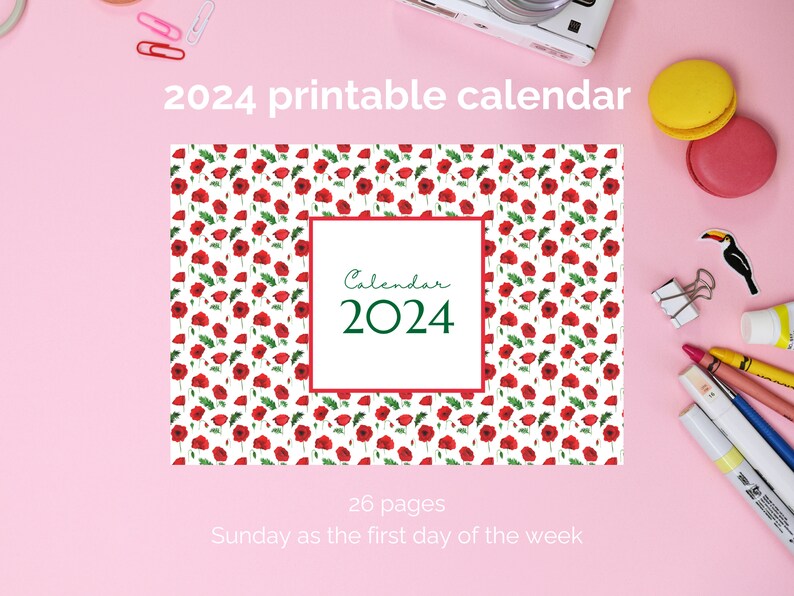 2024 Printable Wall Calendar 2024 English Month Calendar Floral