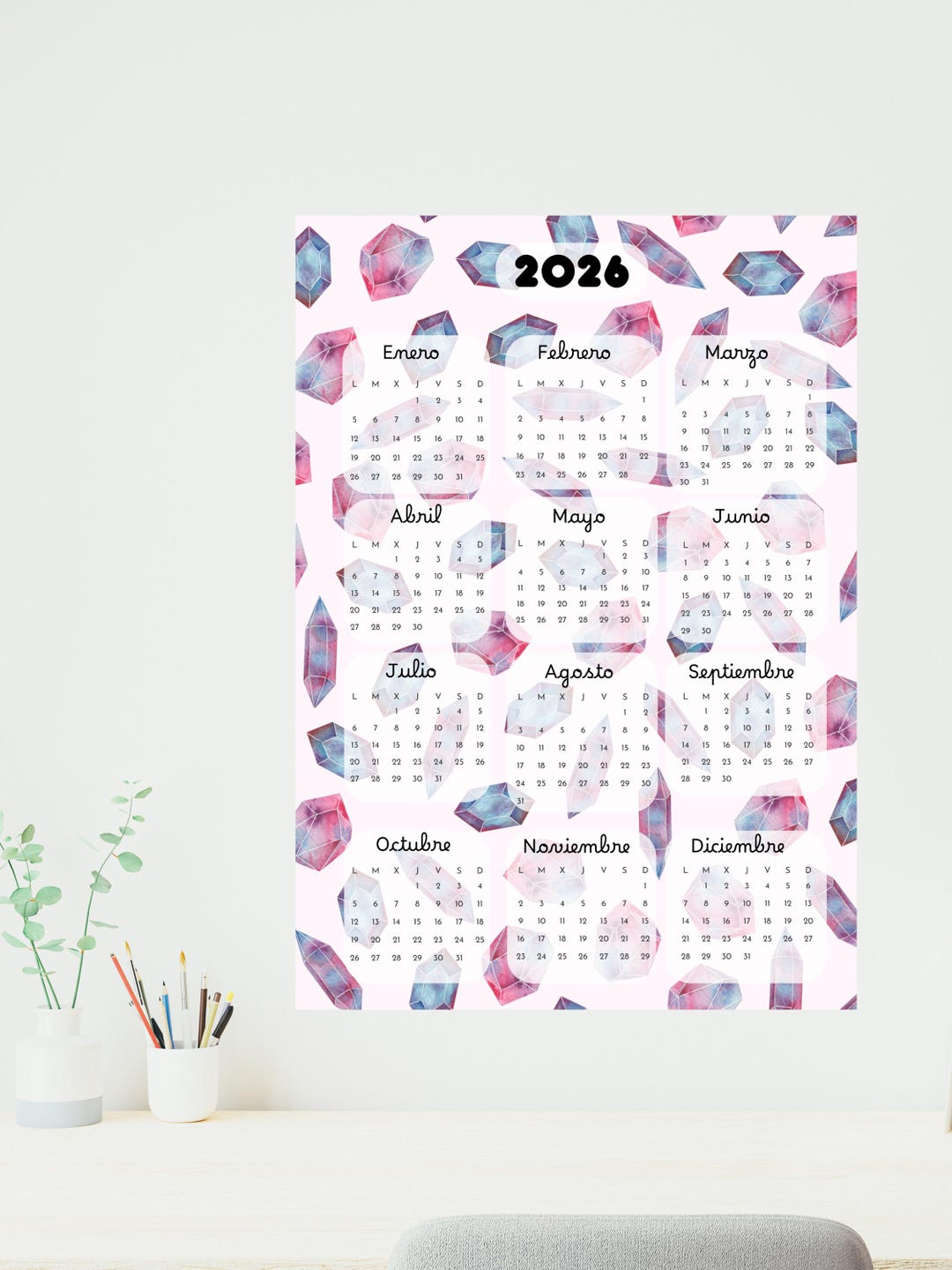 2026 Calendar Printable | One Page Diamonds Wall Planner | A4 & US ...
