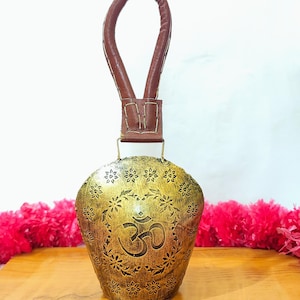 Iron Om Carving Swiss Cow Bell with Belt | Garden Decorative Ornaments Wall Hanging Ghanti | Indoor Outdoor Hanging Chime bell