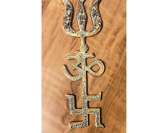 Vastu Trishul Yantra for Temple | Swastik OM Trishul 8 inch Golden | Decorative Wall hanging Article sculpture