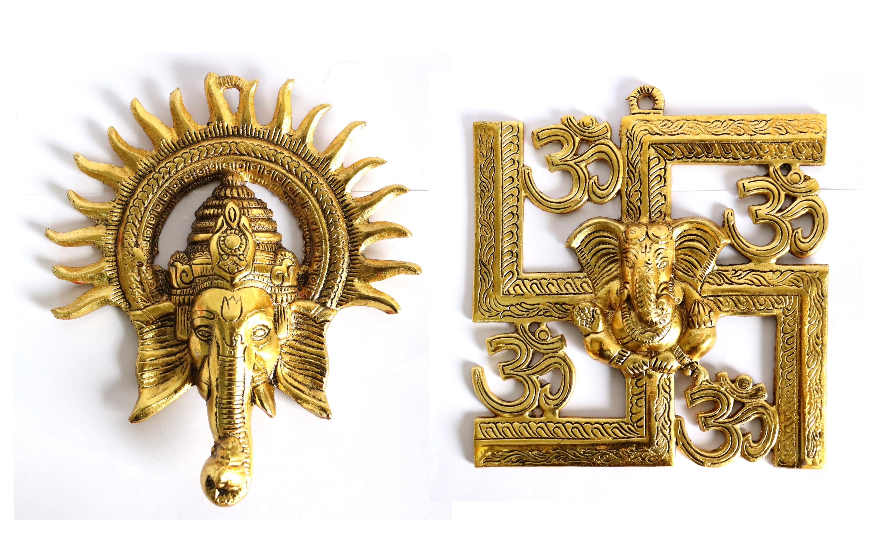 Brass Ganesha Swastika Wall hanging decorative Article Temple decor Gift item wall sculpture 8 inch Antique Look