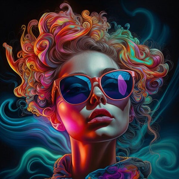 Sunglasses Curly Hair, Psychedelic, Smokey, Printable wall art, Sunglasses, attitude artwork, Wall art, Png, art, neon, Digital prints