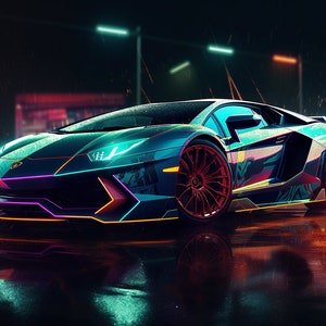 Lamborghini Neon Reflection, Digital Art, Digital Print, Car, Lambo, Reflection, Neon, High Resolution PNG Download, Perfect For Printing