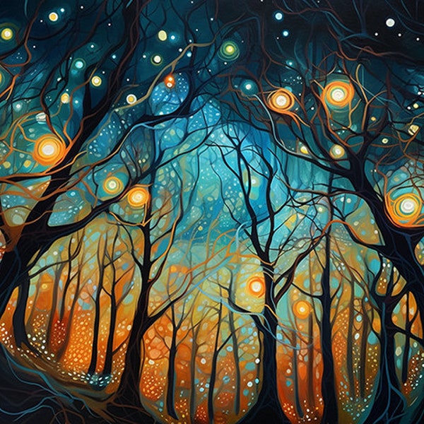Lights In The Trees, Dreamy Golden Details, Night Sky, Digital Art, Stars, Pretty Lights, High Resolution PNG Download, Perfect Print