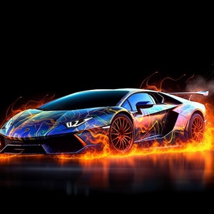 Lamborghini Fire, Digital Art, Digital Print, Car, Lambo, Firey, Neon, High Resolution PNG Download, Perfect For Printing