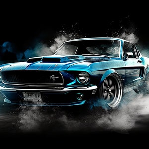 Ford Mustang Blue, Digital Print, Boss 429 Mustang, Smoke, Wheelspin, Dust, John Wick Car, High Resolution PNG Download, Perfect Print