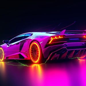 Lamborghini Neon Pink, Digital Print, Car reflection, Lambo, Neon pink, rear perspective, High Resolution PNG Download, Perfect For Printing