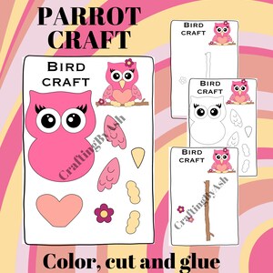 Puede incluir: Una actividad de manualidades imprimible para que los niños coloreen, recorten y peguen para hacer un búho. La manualidad incluye un búho rosa con una flor en la cabeza, alas, un corazón, una flor y una rama.