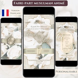 Faire-part musulman animé|Invitation mariage islamique|3 parties|Or,Beige Floral|Nikkah, Walima,Henna|SMS, E-invitation|Personnalisable