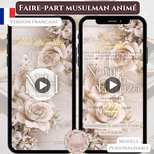 Moslemische Hochzeit animierte Einladung|Französisch Version| Beige & Gold|Floral|2 Teile|Nikkah, Walima Islamische E-Invite Digital, anpassbares Video,SMS