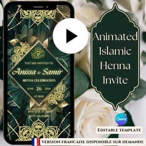 Muslimische Hochzeit Henna animierte Einladung | Nikkah Walimah E-Invite|Grün & Gold | Henna Nacht | Video Einladung | Anpassbare |SMS Vorlage