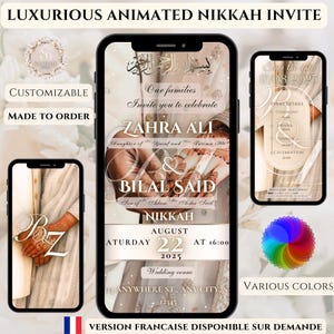 Invitación animada de boda musulmana/3 partes/Oro/Nikkah, Walima E-Invite digital islámico, personalizable/Invitación por SMS y WhatsApp/Hecho a pedido