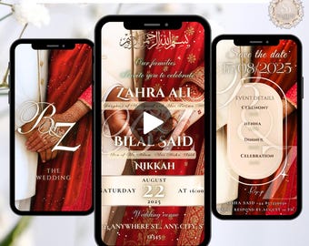 Invito di nozze musulmano, Nikah Walima Barat, modello islamico modificabile, calligrafia araba, download digitale.