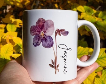 Custom Birth Flower Mug | Ceramic Coffee Cup | Mother's Day Gift | Pressed Flower Mug | Wildflower Tea Cup | Boho Floral Mug
