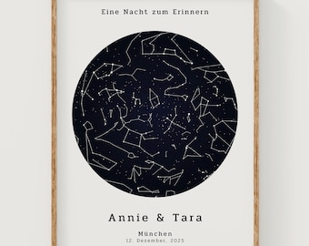 Könnte beinhalten: Gerahmter Druck mit einer dunkelblauen Himmelskarte mit weißen Sternbildlinien. Der Text "Eine Nacht zum Erinnern" steht oben, mit "Annie & Tara" sowie Datum und Ort unten. Der Rahmen ist hellbraun.