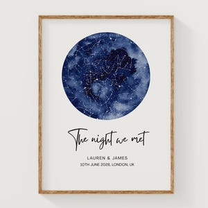 Può includere: Una stampa verticale incorniciata che presenta una mappa stellare circolare ad acquerello blu scuro. Sotto il cerchio, il testo recita: The night we met, LAUREN & JAMES, 10TH JUNE 2026, LONDON, UK. Il design è centrato su uno sfondo bianco in una cornice di legno.