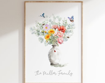 May include: A watercolor painting of a bouquet of flowers in a white vase with a ladybug on it. The flowers are pink, red, yellow, and orange. There are butterflies and bees flying around the flowers. The text "The Miller Family" is at the bottom of the painting.