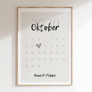 Pode incluir: Um calendário imprimível para outubro de 2020 com um coração no dia 10. O calendário é impresso em um fundo cinza claro com o texto "Anna & Philipp" na parte inferior.