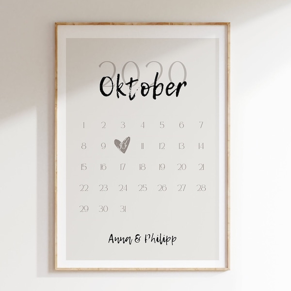 Hochzeitsdatum Partnerposter, personalisierter Kalender mit Namen und Datum, Poster für Partner, Verlobtes Paar, Geschenk Hochzeit, Valentin