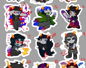 May include: Twelve colorful cartoon stickers featuring different characters with various expressions and accessories. The stickers are numbered 1 through 12 and feature characters with different hair colors, clothing, and accessories.
