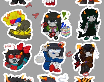 May include: A set of 10 cartoon stickers featuring characters with horns and different expressions. The characters are in various poses and have different colored clothing and accessories. The stickers are on a gray background.