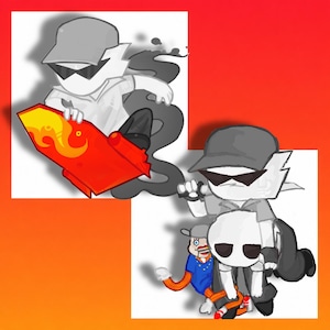 May include: A digital illustration featuring two cartoon characters. One character wears a gray cap and sunglasses, riding a red rocket with yellow flames. The second character, also in a gray cap and sunglasses, holds a small puppet with orange limbs.