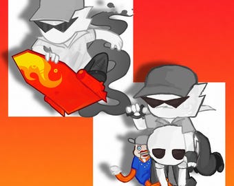 Può includere: Un'illustrazione digitale con due personaggi dei cartoni animati. Uno indossa un berretto grigio e occhiali da sole, cavalcando un razzo rosso con fiamme gialle. Il secondo personaggio tiene in mano una piccola marionetta con arti arancioni.