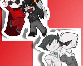 May include: Two sticker designs featuring cartoon characters. The top sticker shows a white-haired figure in a red outfit with sunglasses and a black-haired figure with a cancer symbol shirt. The bottom sticker shows two figures in white and gray.
